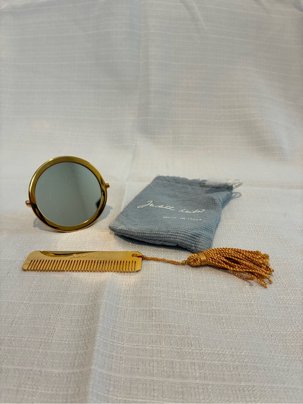 Vintage Judith Leiber Gold Compact Mirror with Matching Comb and Tassel